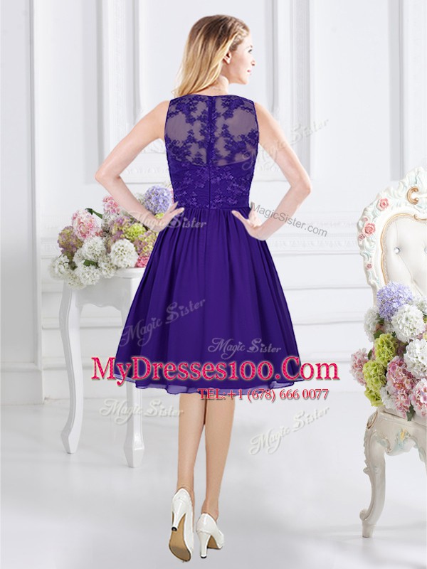 Flare Purple Bridesmaid Gown Prom and Party and Wedding Party and For with Lace Scoop Sleeveless Zipper
