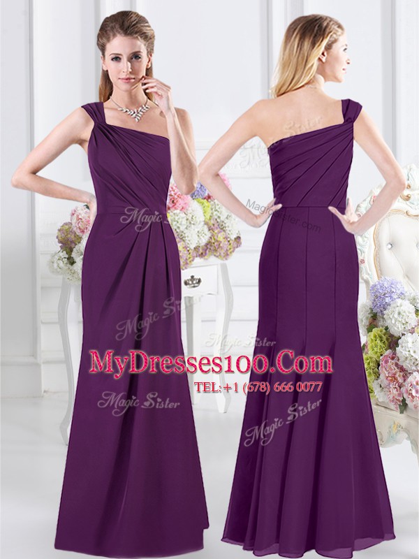 Top Selling One Shoulder Purple Sleeveless Floor Length Ruching Side Zipper Bridesmaids Dress