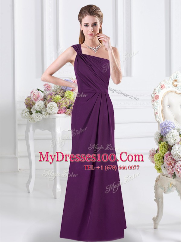 Top Selling One Shoulder Purple Sleeveless Floor Length Ruching Side Zipper Bridesmaids Dress