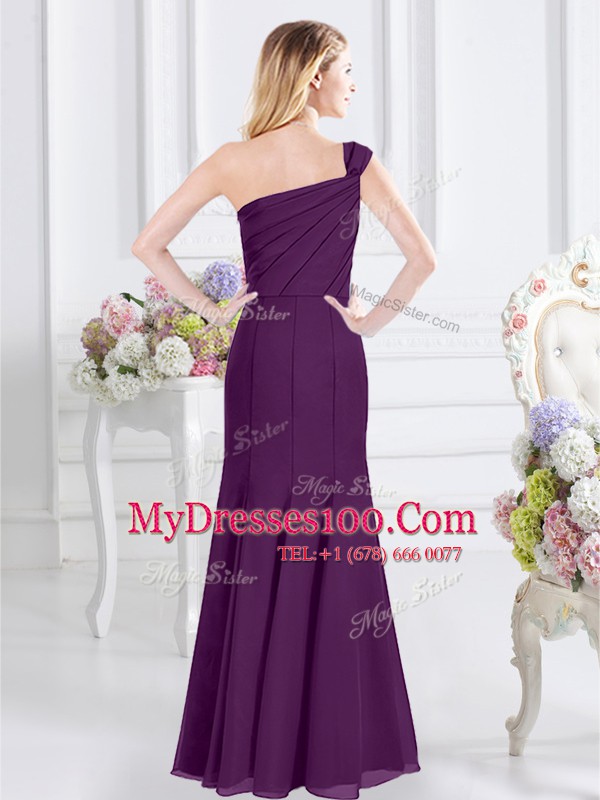 Top Selling One Shoulder Purple Sleeveless Floor Length Ruching Side Zipper Bridesmaids Dress
