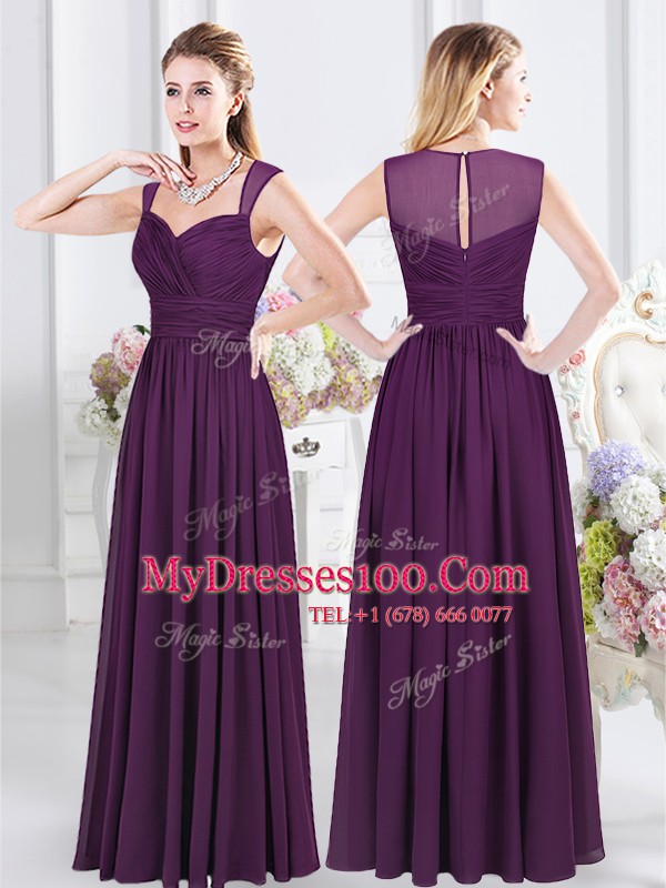 Designer Purple Empire Straps Sleeveless Chiffon Floor Length Zipper Ruching Bridesmaid Gown