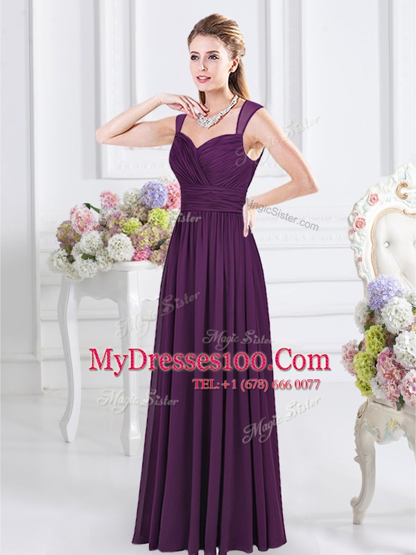 Designer Purple Empire Straps Sleeveless Chiffon Floor Length Zipper Ruching Bridesmaid Gown