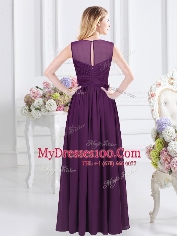 Designer Purple Empire Straps Sleeveless Chiffon Floor Length Zipper Ruching Bridesmaid Gown