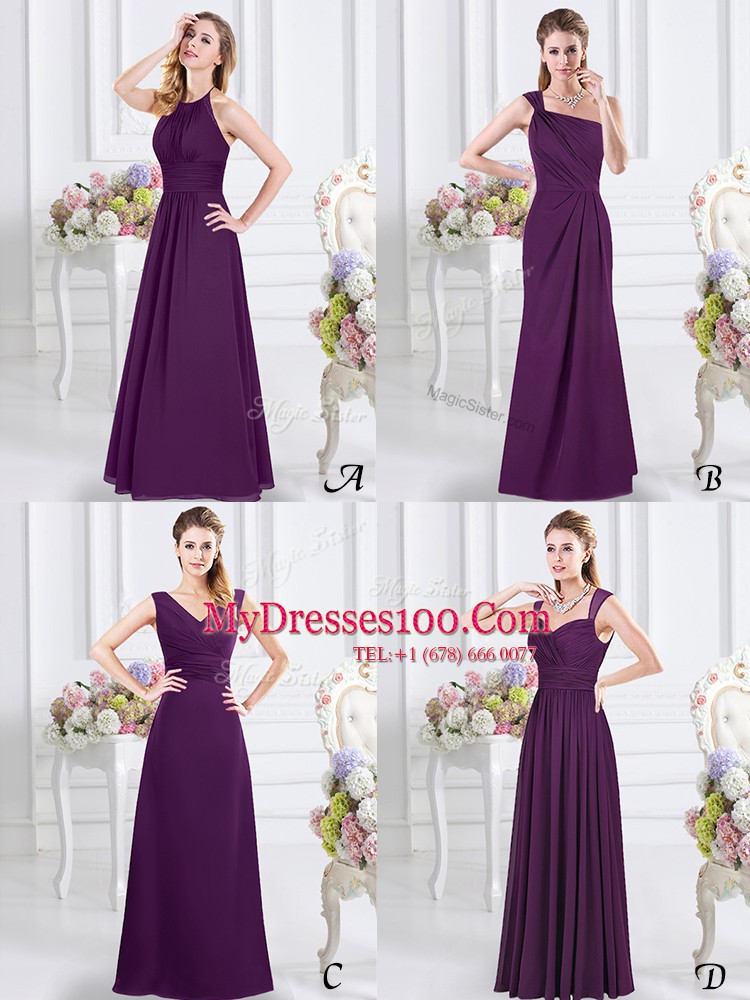 Designer Purple Empire Straps Sleeveless Chiffon Floor Length Zipper Ruching Bridesmaid Gown
