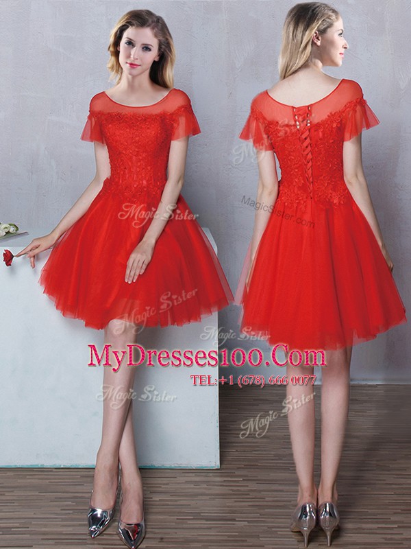 Flirting Scoop Red Tulle Lace Up Quinceanera Dama Dress Short Sleeves Mini Length Lace