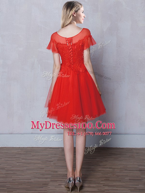 Flirting Scoop Red Tulle Lace Up Quinceanera Dama Dress Short Sleeves Mini Length Lace