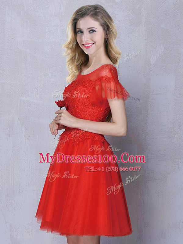 Flirting Scoop Red Tulle Lace Up Quinceanera Dama Dress Short Sleeves Mini Length Lace