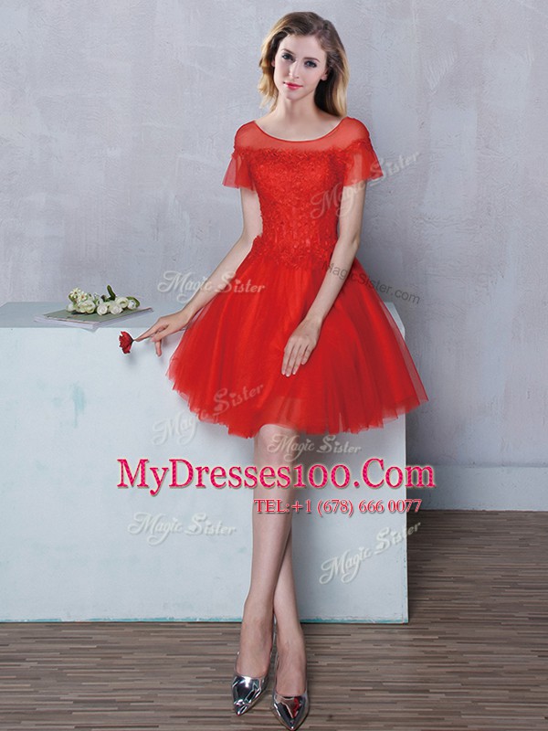 Flirting Scoop Red Tulle Lace Up Quinceanera Dama Dress Short Sleeves Mini Length Lace