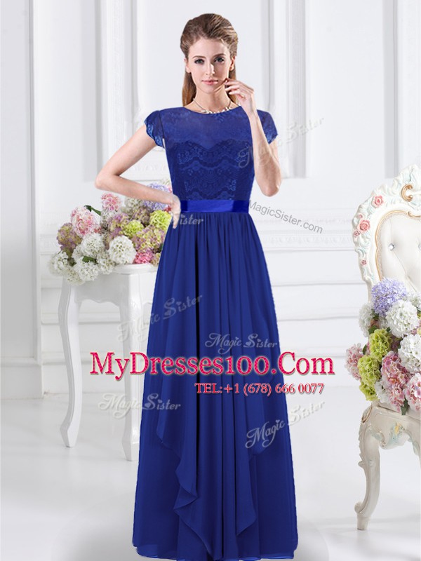 Sexy Royal Blue Chiffon Zipper Scoop Short Sleeves Floor Length Bridesmaid Gown Lace and Belt