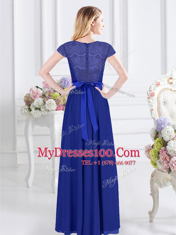 Sexy Royal Blue Chiffon Zipper Scoop Short Sleeves Floor Length Bridesmaid Gown Lace and Belt