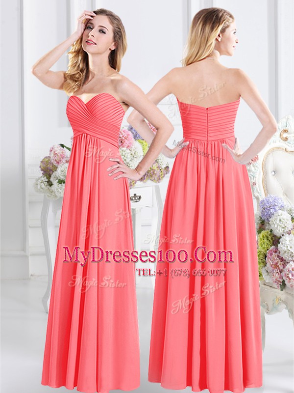 Dynamic Sweetheart Sleeveless Bridesmaids Dress Floor Length Ruching Watermelon Red Chiffon
