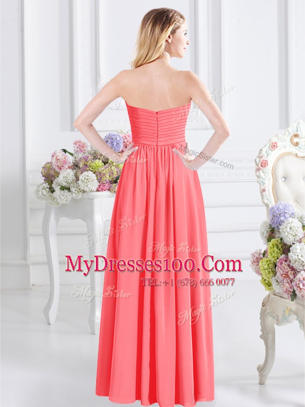 Dynamic Sweetheart Sleeveless Bridesmaids Dress Floor Length Ruching Watermelon Red Chiffon