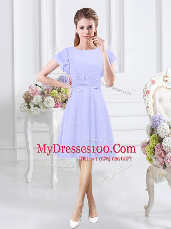 Extravagant Lavender Chiffon Side Zipper Scoop Short Sleeves Knee Length Bridesmaid Gown Ruching