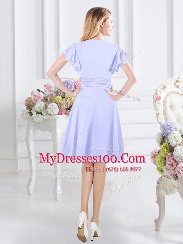 Extravagant Lavender Chiffon Side Zipper Scoop Short Sleeves Knee Length Bridesmaid Gown Ruching