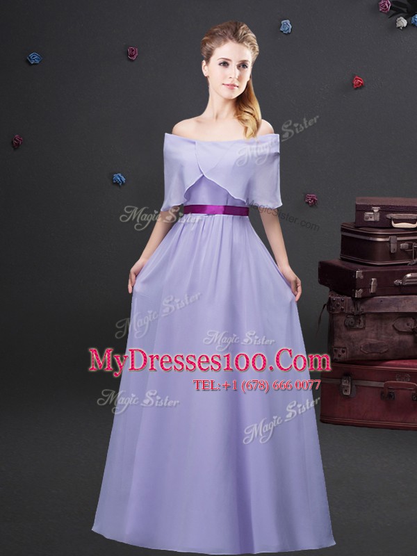 Off the Shoulder Floor Length Empire Half Sleeves Lavender Wedding Party Dress Zipper
