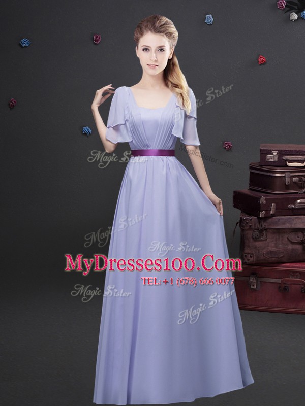 Exceptional Square Ruching and Belt Wedding Guest Dresses Lavender Zipper Short Sleeves Floor Length