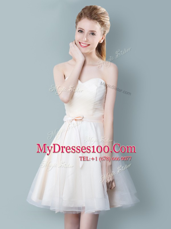 Exceptional Straps Knee Length Empire Cap Sleeves Champagne Bridesmaids Dress Zipper