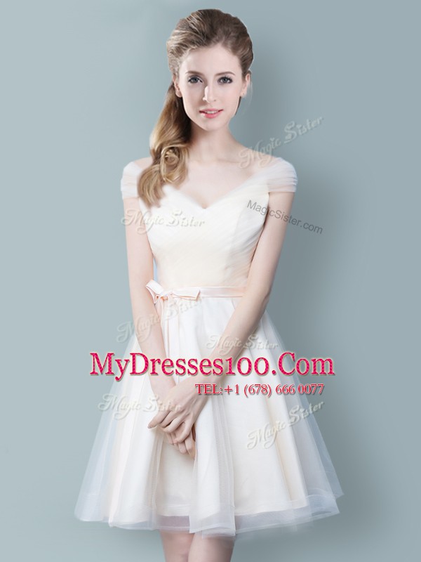 Exceptional Straps Knee Length Empire Cap Sleeves Champagne Bridesmaids Dress Zipper