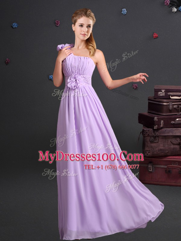 Lavender Empire One Shoulder Sleeveless Chiffon Floor Length Zipper Ruching and Hand Made Flower Bridesmaid Gown