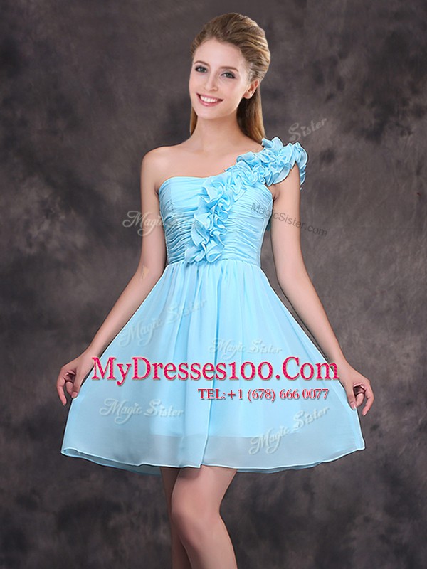 Gorgeous One Shoulder Mini Length Baby Blue Wedding Party Dress Chiffon Sleeveless Ruffles and Ruching