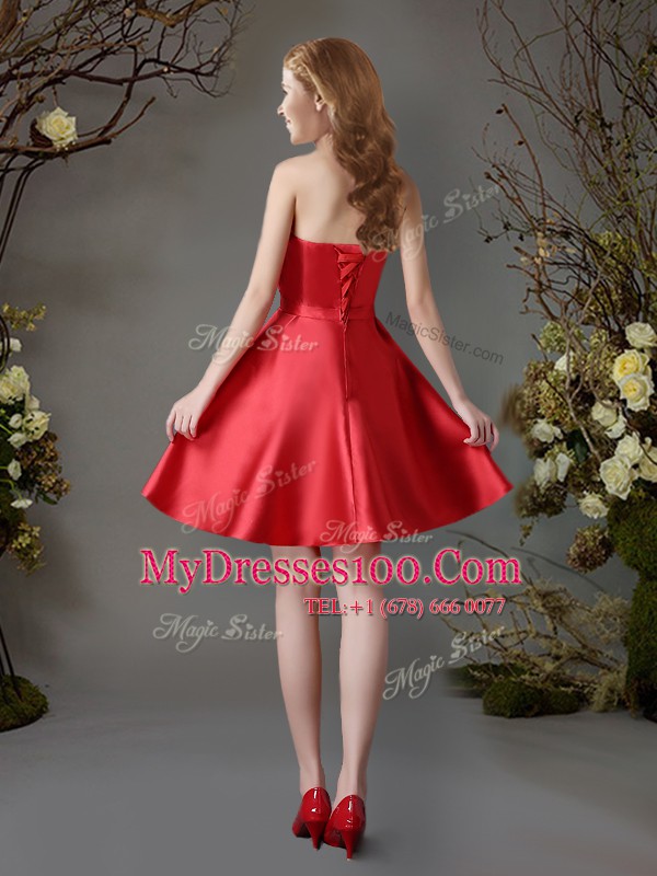 Trendy Red A-line Satin Strapless Sleeveless Appliques and Bowknot Mini Length Lace Up Damas Dress