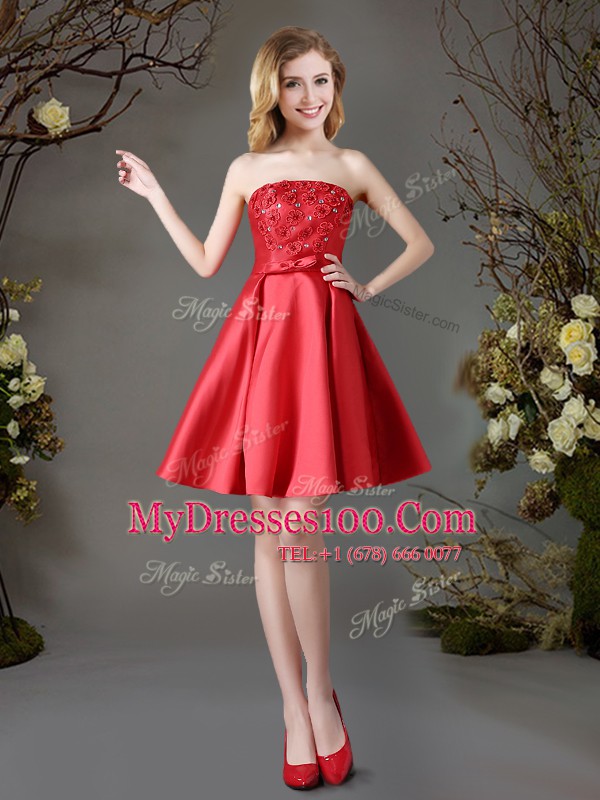 Trendy Red A-line Satin Strapless Sleeveless Appliques and Bowknot Mini Length Lace Up Damas Dress