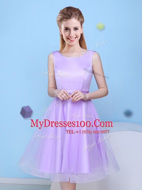 Glorious Scoop Lavender Sleeveless Knee Length Bowknot Lace Up Dama Dress