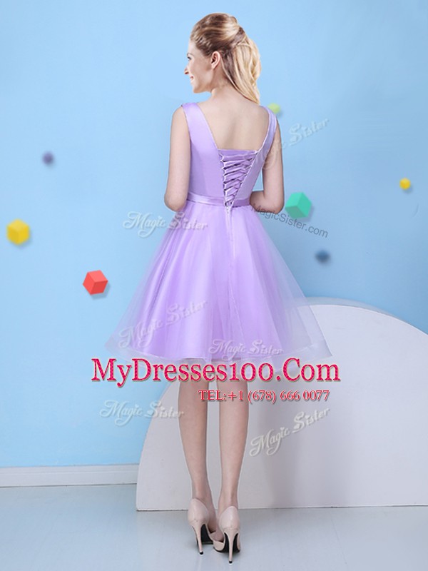 Glorious Scoop Lavender Sleeveless Knee Length Bowknot Lace Up Dama Dress