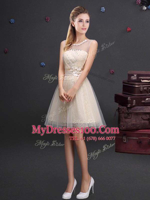 Scoop Champagne Sleeveless Beading and Lace and Appliques and Belt Mini Length Wedding Party Dress