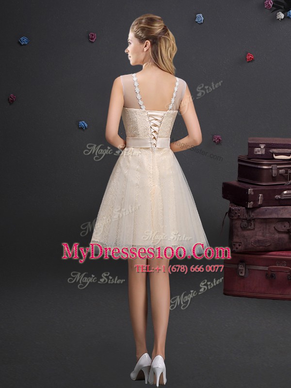 Scoop Champagne Sleeveless Beading and Lace and Appliques and Belt Mini Length Wedding Party Dress