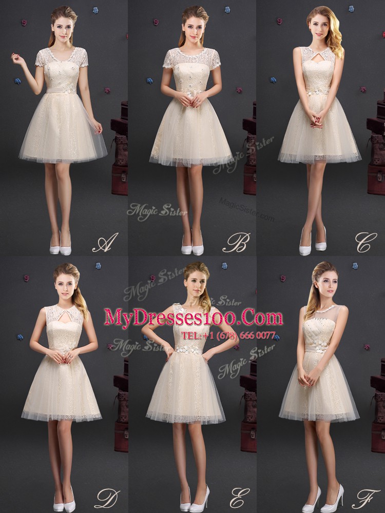 Scoop Champagne Sleeveless Beading and Lace and Appliques and Belt Mini Length Wedding Party Dress