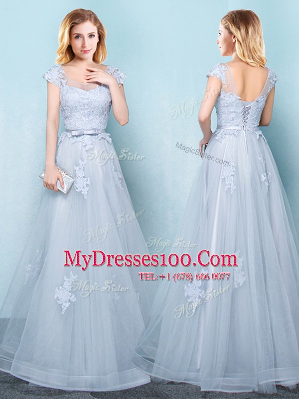 Scoop Appliques and Belt Dama Dress Light Blue Lace Up Cap Sleeves Floor Length
