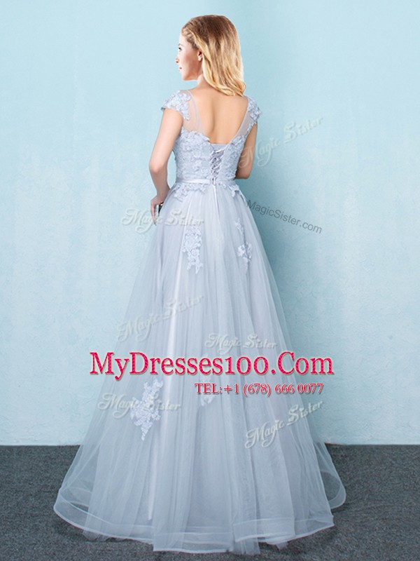 Scoop Appliques and Belt Dama Dress Light Blue Lace Up Cap Sleeves Floor Length