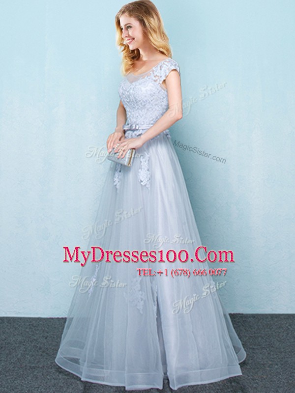 Scoop Appliques and Belt Dama Dress Light Blue Lace Up Cap Sleeves Floor Length