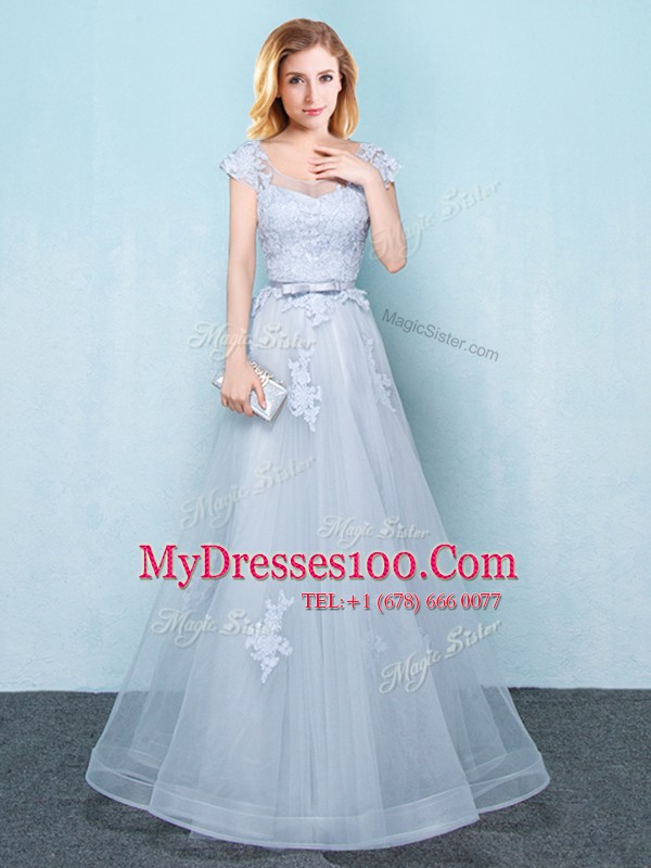 Scoop Appliques and Belt Dama Dress Light Blue Lace Up Cap Sleeves Floor Length