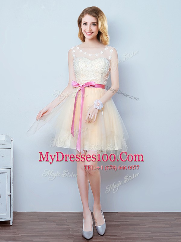 Champagne A-line Scoop Sleeveless Tulle Mini Length Lace Up Lace and Appliques and Ruffles and Bowknot Quinceanera Court of Honor Dress