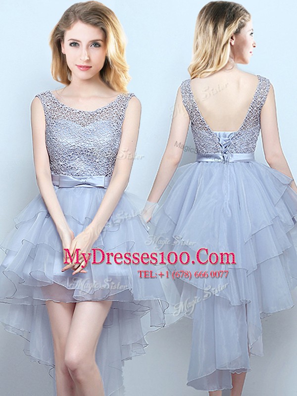 Top Selling A-line Bridesmaid Dresses Grey Scoop Organza and Lace Sleeveless High Low Lace Up