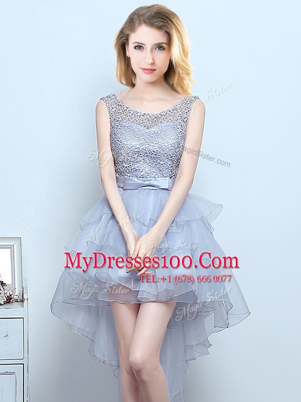Top Selling A-line Bridesmaid Dresses Grey Scoop Organza and Lace Sleeveless High Low Lace Up