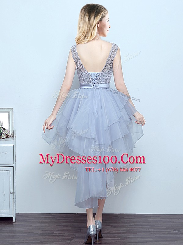 Top Selling A-line Bridesmaid Dresses Grey Scoop Organza and Lace Sleeveless High Low Lace Up