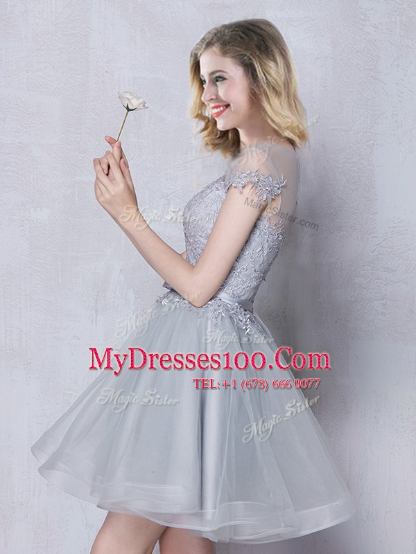 Exceptional Scoop Mini Length Grey Dama Dress Tulle Short Sleeves Appliques and Belt