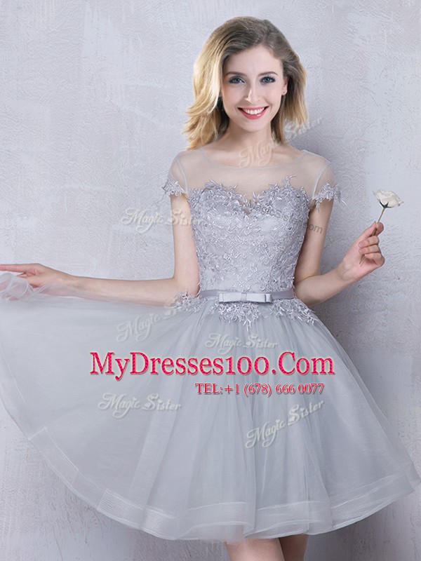 Exceptional Scoop Mini Length Grey Dama Dress Tulle Short Sleeves Appliques and Belt