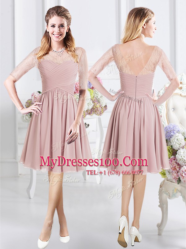 Scoop Half Sleeves Zipper Knee Length Lace and Ruching Wedding Party Dress