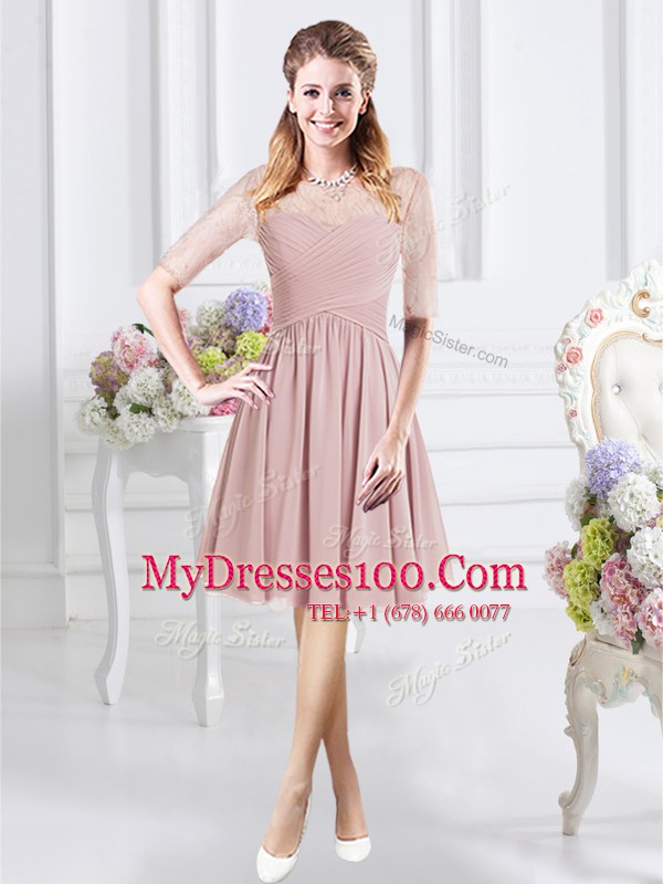 Scoop Half Sleeves Zipper Knee Length Lace and Ruching Wedding Party Dress