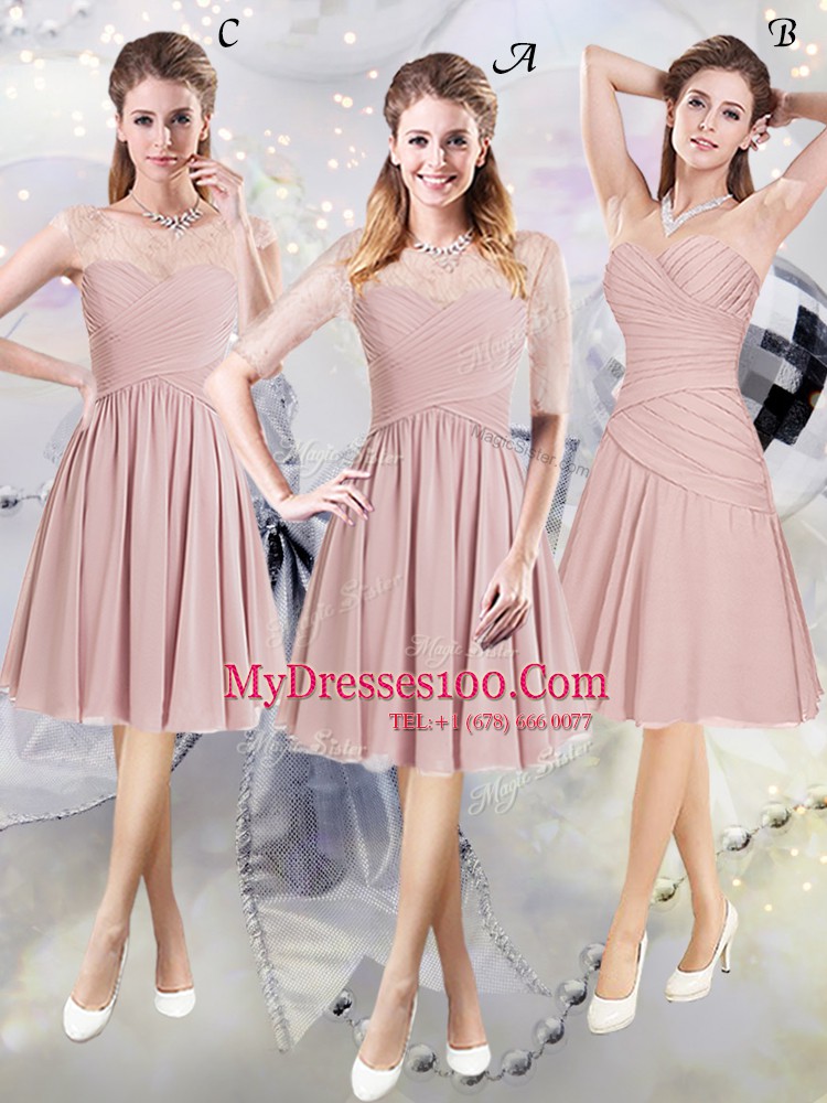 Scoop Half Sleeves Zipper Knee Length Lace and Ruching Wedding Party Dress