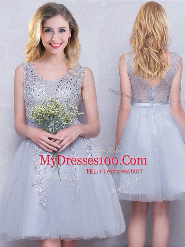 Fashionable Scoop Grey Zipper Court Dresses for Sweet 16 Beading and Appliques Sleeveless Mini Length