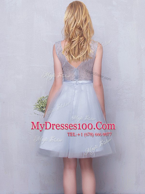 Fashionable Scoop Grey Zipper Court Dresses for Sweet 16 Beading and Appliques Sleeveless Mini Length