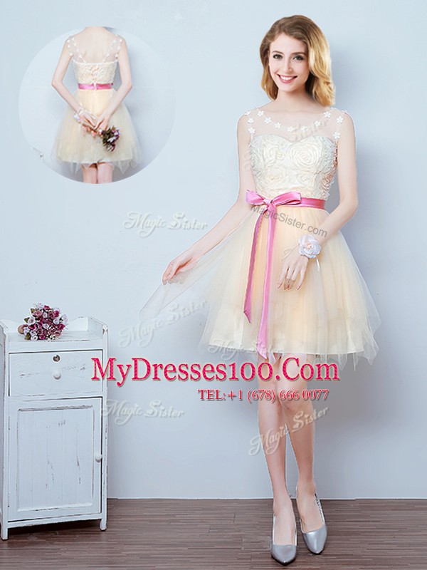 Custom Made Champagne Scoop Lace Up Lace and Appliques and Ruffles and Bowknot Bridesmaid Dress Sleeveless