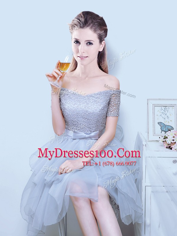 Noble Off the Shoulder Short Sleeves Lace Up Asymmetrical Lace and Ruffles and Bowknot Court Dresses for Sweet 16