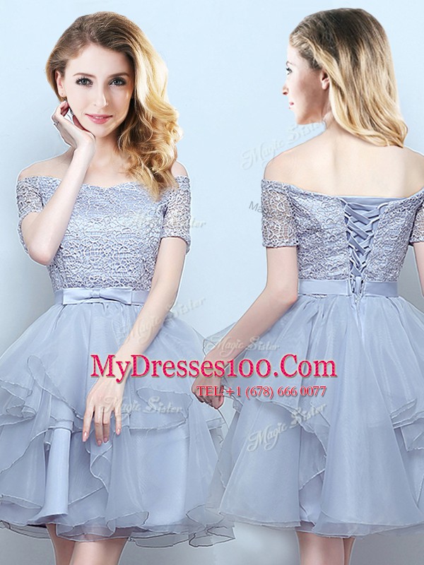 Fantastic Off The Shoulder Short Sleeves Organza Bridesmaids Dress Lace and Ruffles and Belt Lace Up