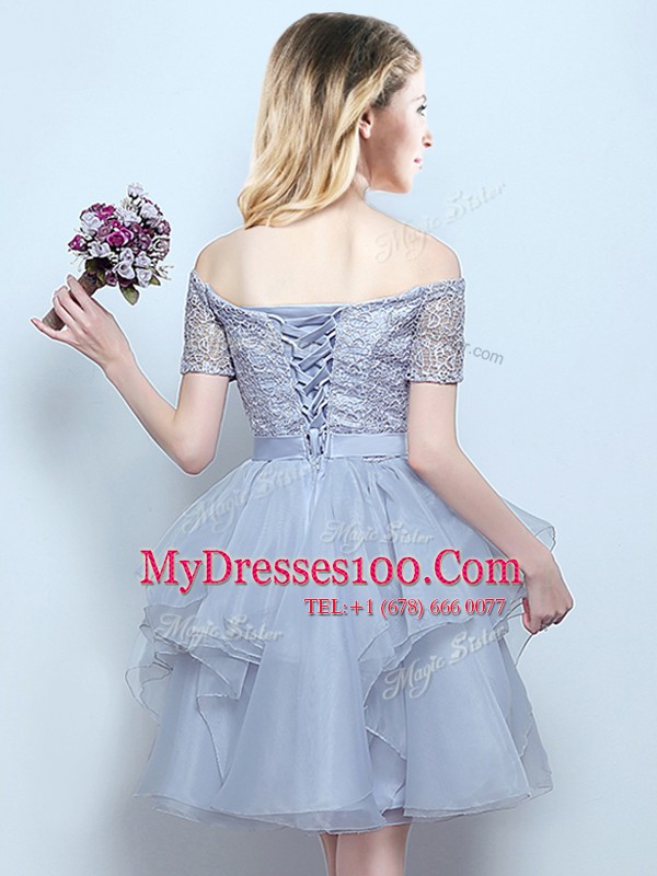 Fantastic Off The Shoulder Short Sleeves Organza Bridesmaids Dress Lace and Ruffles and Belt Lace Up